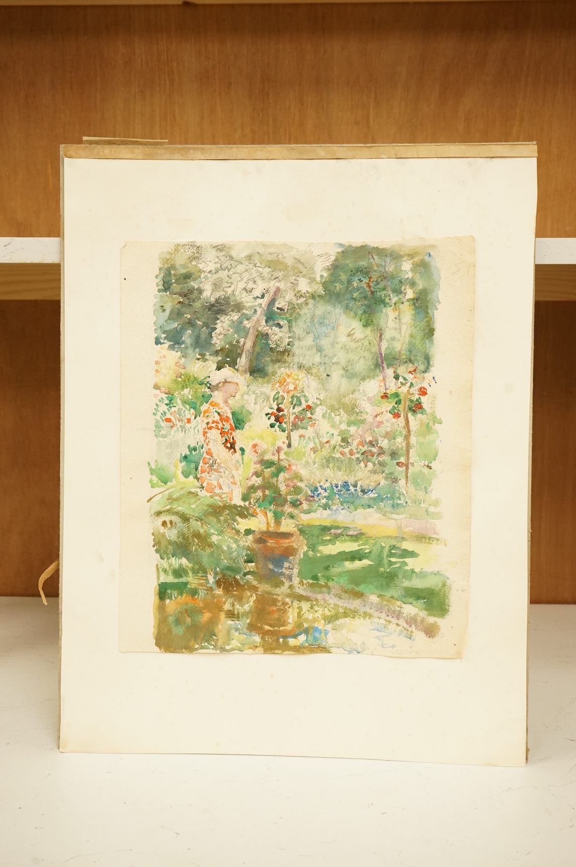 Margaret Fisher Prout (ARA), ‘A Stroll in the garden’, unsigned, watercolour, mounted, unframed, 40 x 33cm